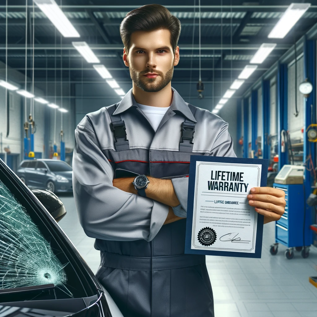 Un tecnico di GlassPartner SA in piedi in un'officina, che mostra con sicurezza un certificato di garanzia a vita, a simboleggiare l'affidabilità e la fiducia nel servizio. Un uomo in tuta da lavoro con le braccia conserte. Con la mano destra tiene un certificato che reca la scritta "LIFETIME WARRANTY". Il certificato è in primo piano e ben visibile. In secondo piano si vede un'auto con un parabrezza gravemente danneggiato da una crepa a ragnatela e sullo sfondo si intravedono altre auto e l'interno di un'officina meccanica moderna. L'immagine combina l'evidenza di un danno riparabile con la promessa di una garanzia a lungo termine.