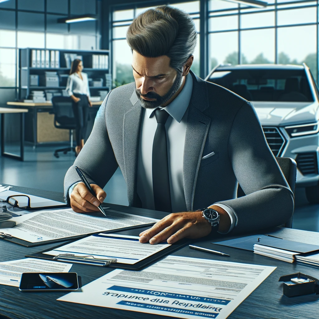 L'immagine mostra un uomo di mezza età con barba, in abito da lavoro elegante, seduto a una scrivania moderna. Sta firmando dei documenti con una penna, con diverse scartoffie e un cellulare disposti di fronte a lui. In sottofondo si intravedono un ufficio luminoso con scaffali pieni di documenti, una donna che lavora e un'auto in un'area espositiva. L'immagine trasmette un'impressione di professionalità e affidabilità nel servizio di gestione burocratica. Un uomo in giacca e cravatta, seduto alla sua scrivania in un ufficio moderno, che firma dei documenti, a simboleggiare l'assistenza offerta da GlassPartner nella gestione delle pratiche assicurative.