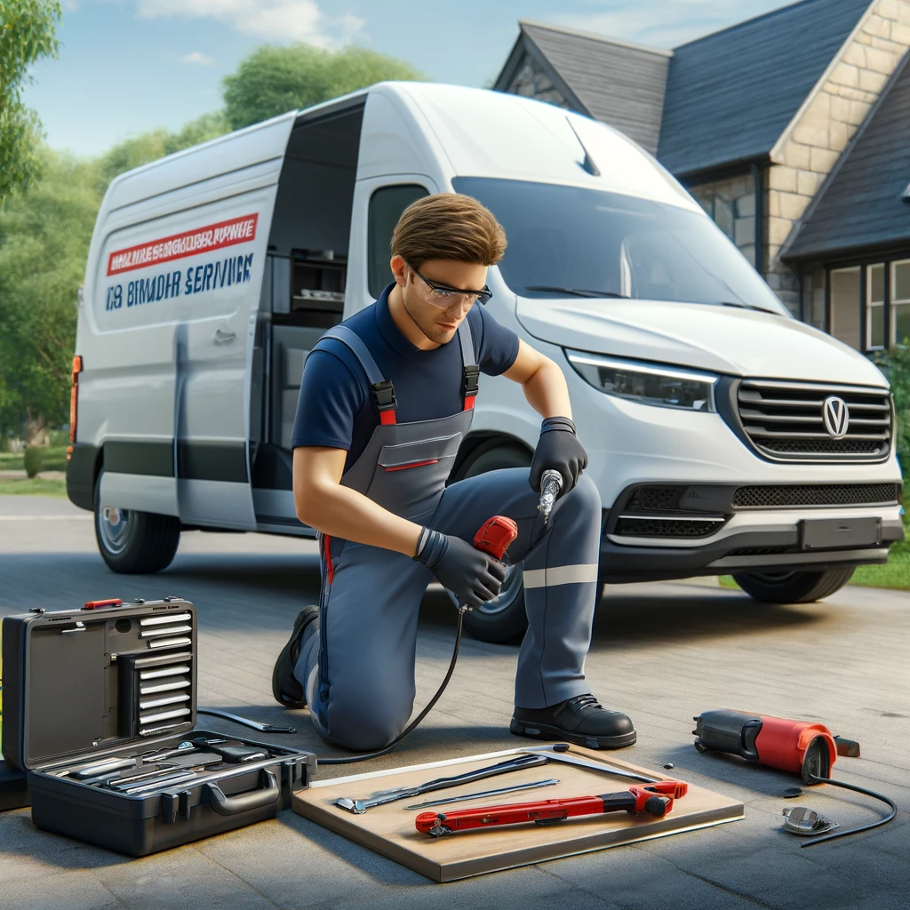 Un tecnico di GlassPartner SA in ginocchio, intento a preparare gli attrezzi per un intervento a domicilio, con il suo furgone di servizio sullo sfondo, a sottolineare la comodità del servizio. L'immagine mostra un tecnico di sesso maschile in tuta da lavoro e occhiali di sicurezza, in ginocchio sul vialetto di una casa, che sta selezionando un attrezzo dalla sua valigetta. Vicino a lui, una serie di attrezzi e strumenti specifici per la riparazione del vetro sono posizionati ordinatamente su una tavoletta di legno. Sullo sfondo si vede un furgone di servizio bianco con il logo aziendale e una casa. L'immagine rappresenta il servizio a domicilio di GlassPartner SA.